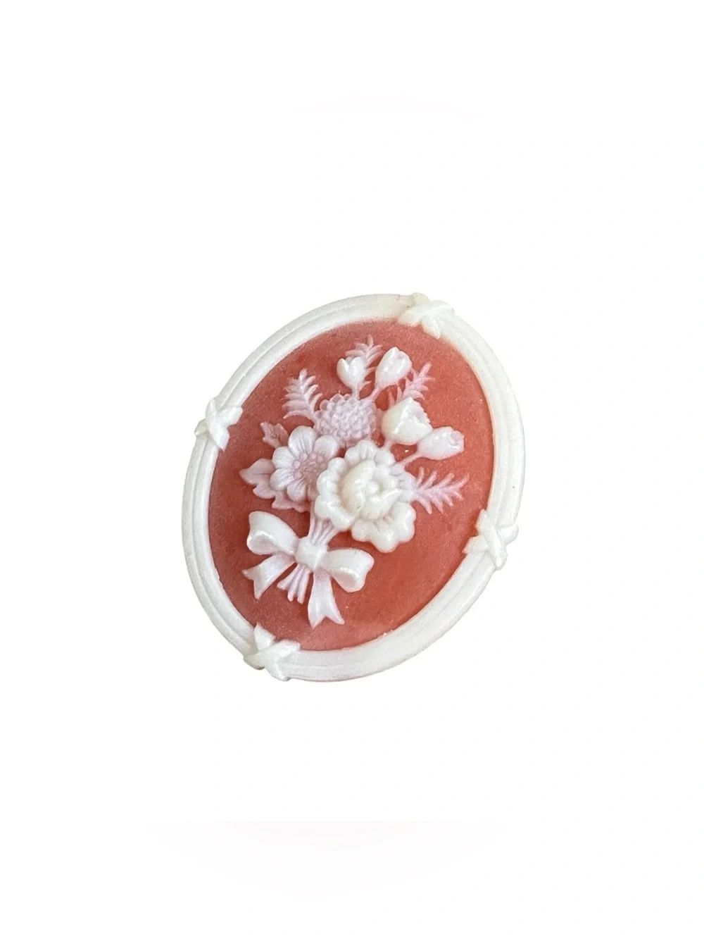 Avon Floral Cameo Brooch Pin Pink White Flowers Bow Oval 1 ½”